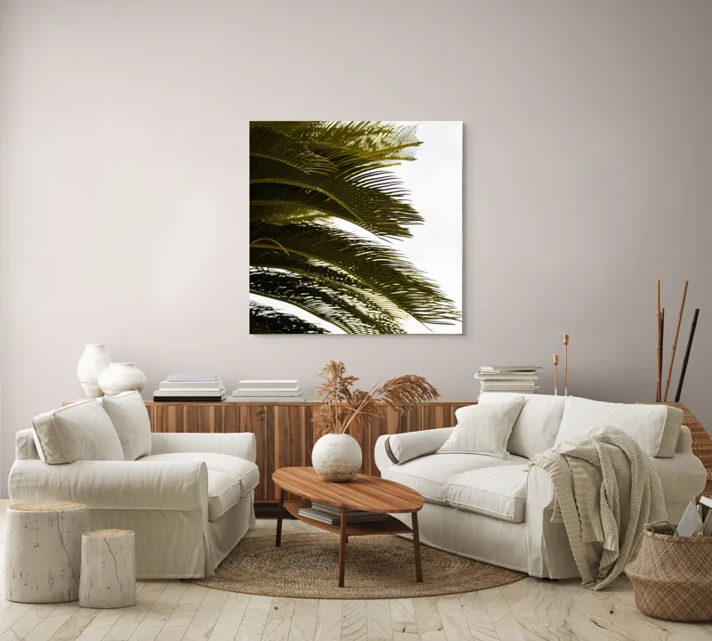 Tablou Canvas, "Frunze de palmier în vânt liniștit", Frunze, Palmier, Verde, Contrast, Textură, Cer, Lumină, Delicat., 100 x 100 cm – poza 3