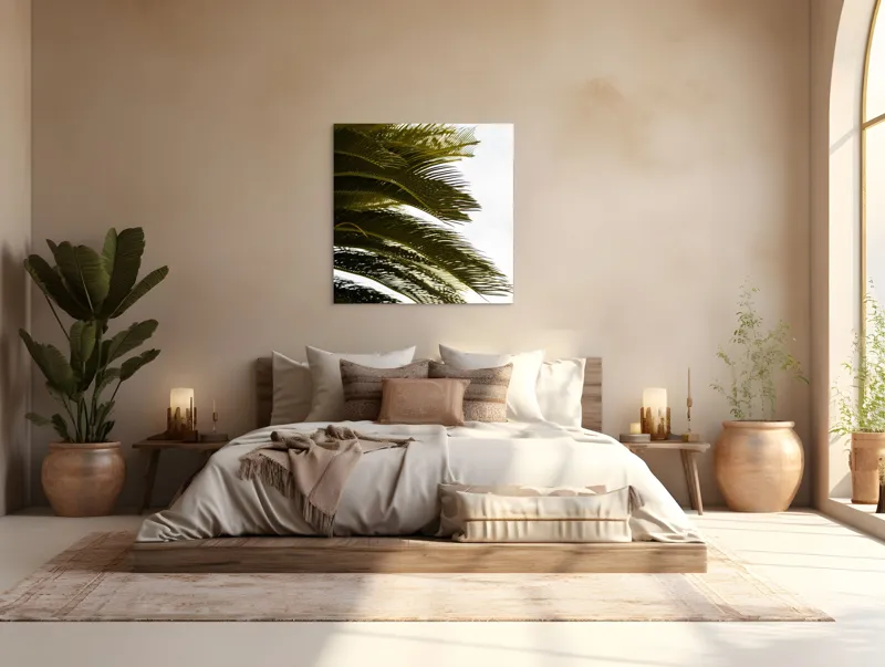 Tablou Canvas, "Frunze de palmier în vânt liniștit", Frunze, Palmier, Verde, Contrast, Textură, Cer, Lumină, Delicat., 100 x 100 cm – poza 4