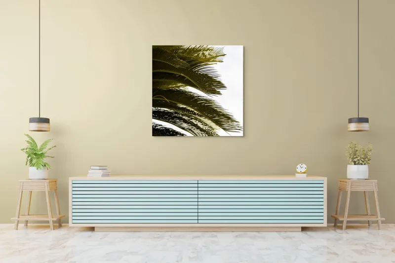 Tablou Canvas, "Frunze de palmier în vânt liniștit", Frunze, Palmier, Verde, Contrast, Textură, Cer, Lumină, Delicat., 100 x 100 cm – poza 5