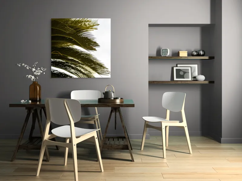 Tablou Canvas, "Frunze de palmier în vânt liniștit", Frunze, Palmier, Verde, Contrast, Textură, Cer, Lumină, Delicat., 100 x 100 cm – poza 6
