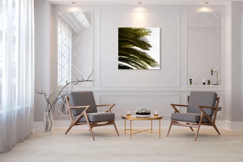 Tablou Canvas, "Frunze de palmier în vânt liniștit", Frunze, Palmier, Verde, Contrast, Textură, Cer, Lumină, Delicat., 100 x 100 cm – poza 7