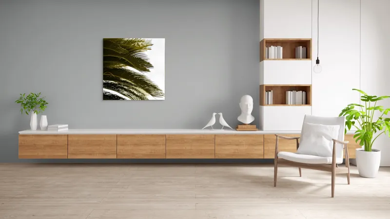 Tablou Canvas, "Frunze de palmier în vânt liniștit", Frunze, Palmier, Verde, Contrast, Textură, Cer, Lumină, Delicat., 100 x 100 cm – poza 8