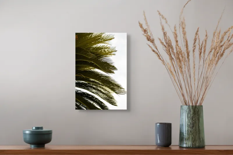 Tablou Canvas, "Frunze de palmier în vânt liniștit", Frunze, Palmier, Verde, Contrast, Textură, Cer, Lumină, Delicat., 26 x 39 cm – poza 5