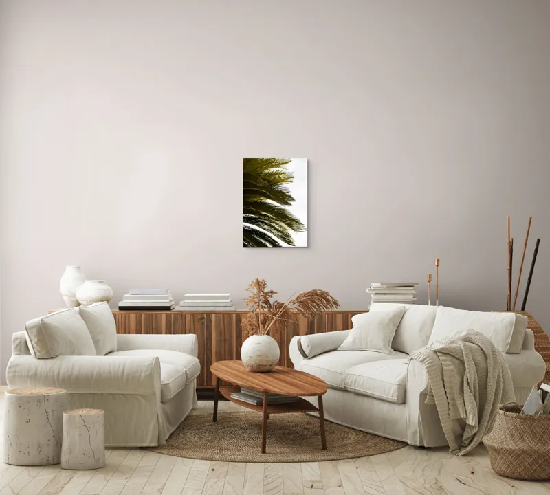 Tablou Canvas, "Frunze de palmier în vânt liniștit", Frunze, Palmier, Verde, Contrast, Textură, Cer, Lumină, Delicat., 39 x 54 cm – poza 5