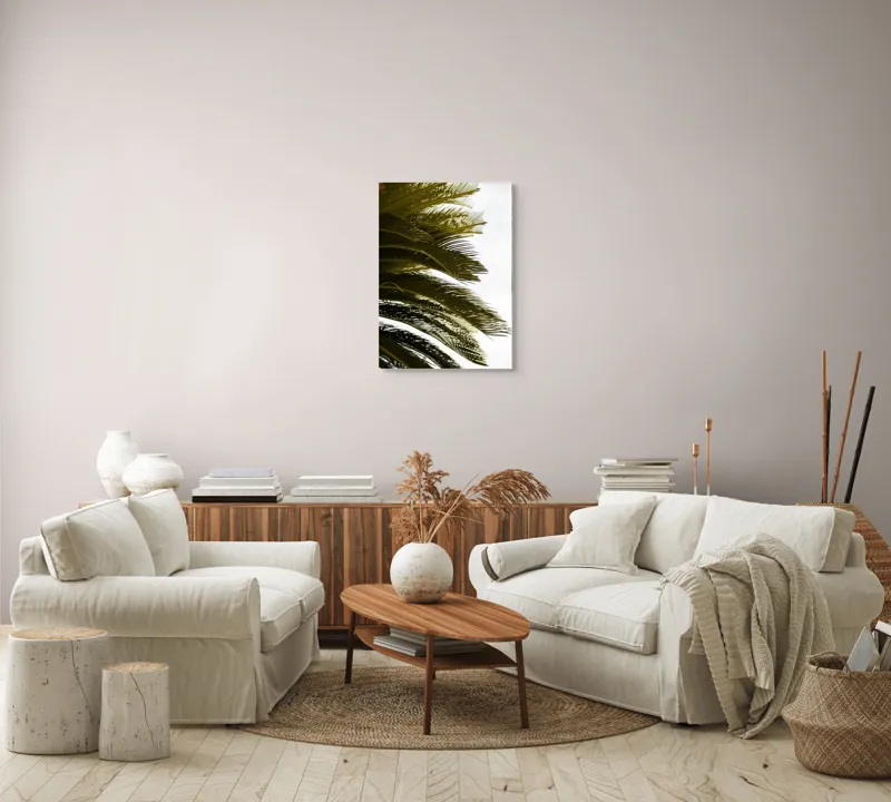 Tablou Canvas, "Frunze de palmier în vânt liniștit", Frunze, Palmier, Verde, Contrast, Textură, Cer, Lumină, Delicat., 50 x 70 cm – poza 4
