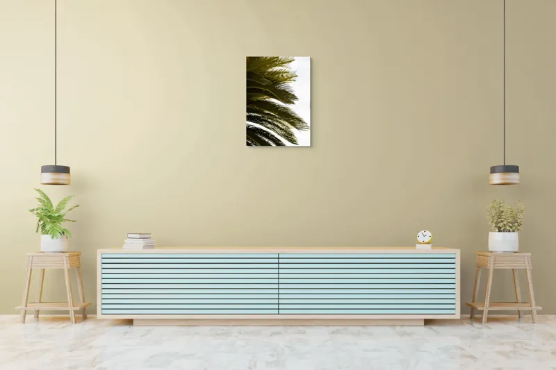 Tablou Canvas, "Frunze de palmier în vânt liniștit", Frunze, Palmier, Verde, Contrast, Textură, Cer, Lumină, Delicat., 50 x 70 cm – poza 6