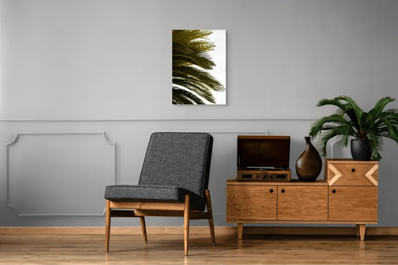 Tablou Canvas, "Frunze de palmier în vânt liniștit", Frunze, Palmier, Verde, Contrast, Textură, Cer, Lumină, Delicat., 50 x 70 cm – poza 8