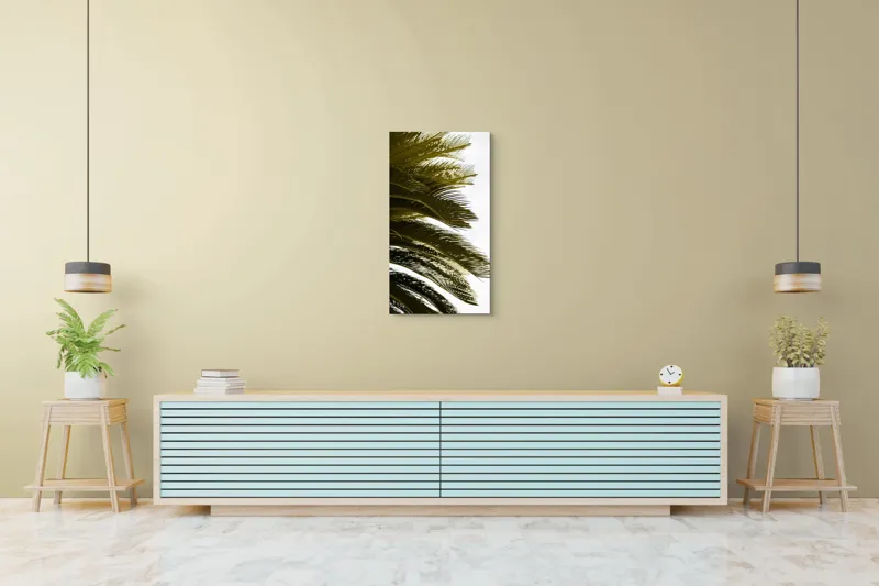 Tablou Canvas, "Frunze de palmier în vânt liniștit", Frunze, Palmier, Verde, Contrast, Textură, Cer, Lumină, Delicat., 50 x 90 cm – poza 6