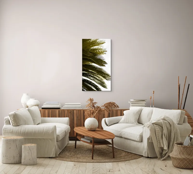 Tablou Canvas, "Frunze de palmier în vânt liniștit", Frunze, Palmier, Verde, Contrast, Textură, Cer, Lumină, Delicat., 50 x 90 cm – poza 7