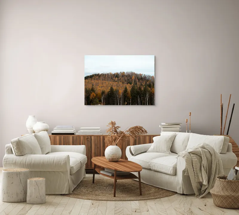 Tablou Canvas, "Pădurea toamnei în culori calde", Pădure, Toamnă, Culori, Copaci, Natură, Frunziș, Cer, Armonie, Peisaj, Tranquilitate, 100 x 70 cm – poza 3