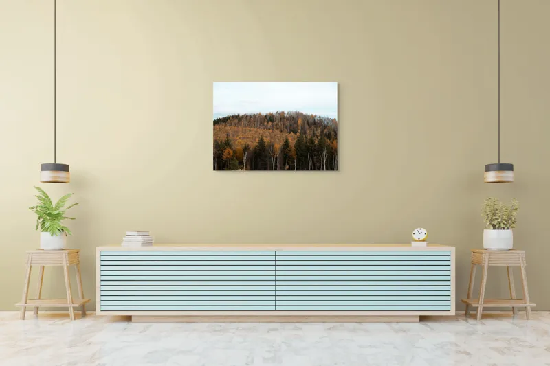 Tablou Canvas, "Pădurea toamnei în culori calde", Pădure, Toamnă, Culori, Copaci, Natură, Frunziș, Cer, Armonie, Peisaj, Tranquilitate, 100 x 70 cm – poza 4