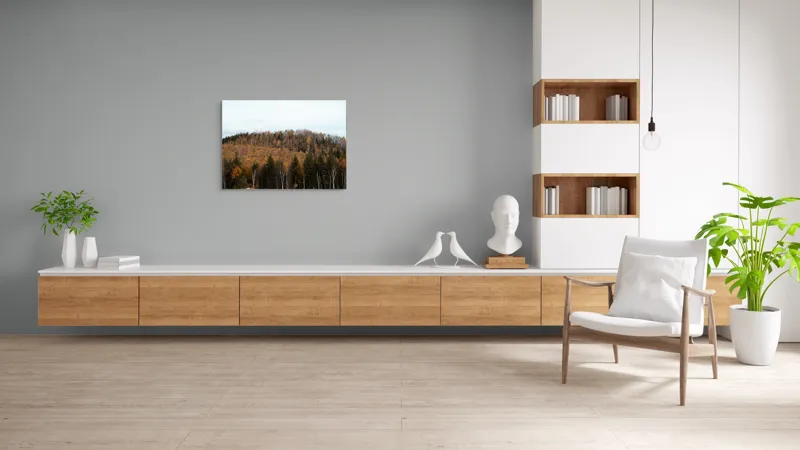 Tablou Canvas, "Pădurea toamnei în culori calde", Pădure, Toamnă, Culori, Copaci, Natură, Frunziș, Cer, Armonie, Peisaj, Tranquilitate, 100 x 70 cm – poza 6