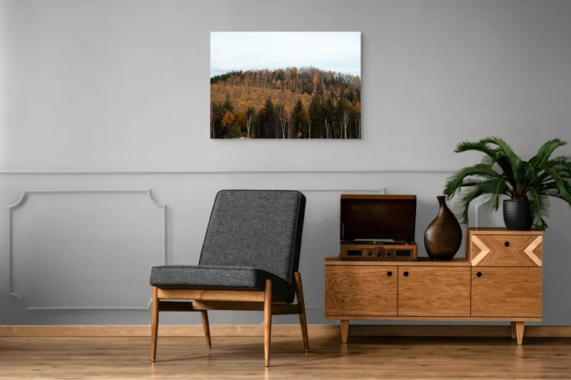 Tablou Canvas, "Pădurea toamnei în culori calde", Pădure, Toamnă, Culori, Copaci, Natură, Frunziș, Cer, Armonie, Peisaj, Tranquilitate, 100 x 70 cm – poza 8