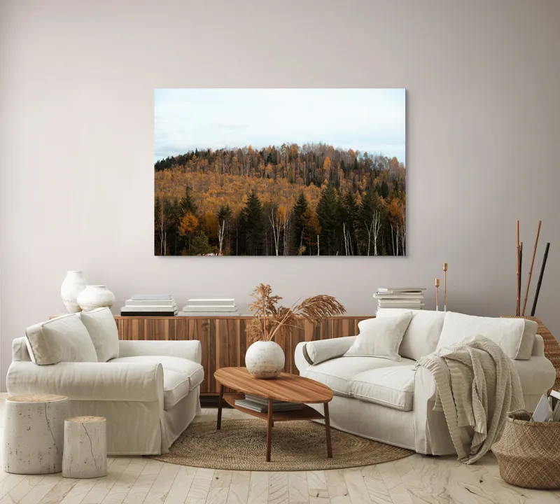 Tablou Canvas, "Pădurea toamnei în culori calde", Pădure, Toamnă, Culori, Copaci, Natură, Frunziș, Cer, Armonie, Peisaj, Tranquilitate, 150 x 100 cm – poza 3