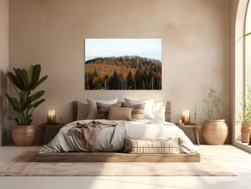 Tablou Canvas, "Pădurea toamnei în culori calde", Pădure, Toamnă, Culori, Copaci, Natură, Frunziș, Cer, Armonie, Peisaj, Tranquilitate, 150 x 100 cm – poza 4