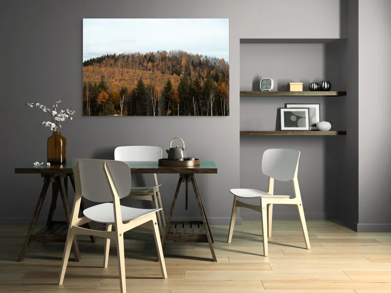 Tablou Canvas, "Pădurea toamnei în culori calde", Pădure, Toamnă, Culori, Copaci, Natură, Frunziș, Cer, Armonie, Peisaj, Tranquilitate, 150 x 100 cm – poza 5