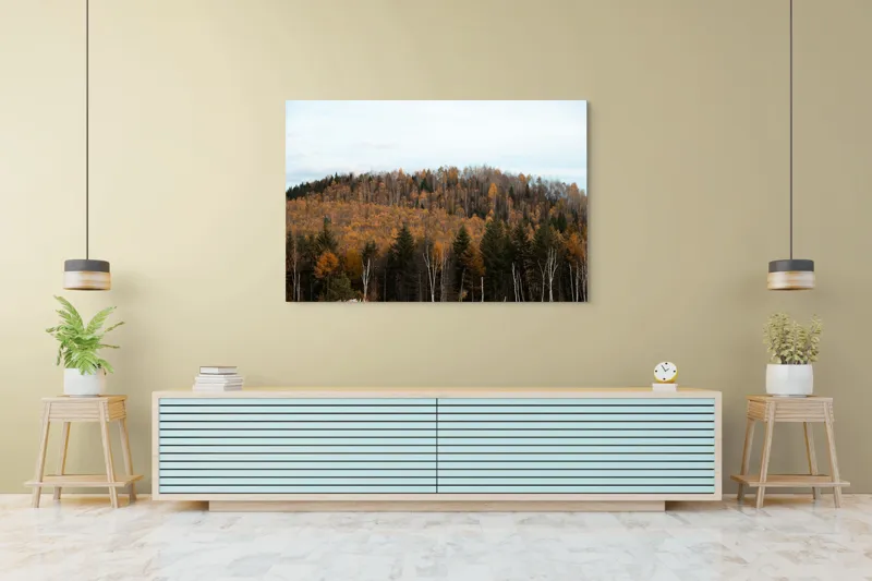 Tablou Canvas, "Pădurea toamnei în culori calde", Pădure, Toamnă, Culori, Copaci, Natură, Frunziș, Cer, Armonie, Peisaj, Tranquilitate, 150 x 100 cm – poza 6