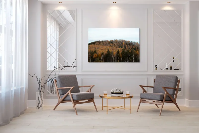 Tablou Canvas, "Pădurea toamnei în culori calde", Pădure, Toamnă, Culori, Copaci, Natură, Frunziș, Cer, Armonie, Peisaj, Tranquilitate, 150 x 100 cm – poza 7