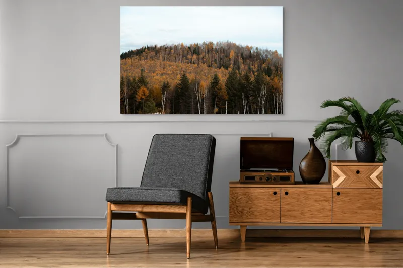 Tablou Canvas, "Pădurea toamnei în culori calde", Pădure, Toamnă, Culori, Copaci, Natură, Frunziș, Cer, Armonie, Peisaj, Tranquilitate, 150 x 100 cm – poza 8