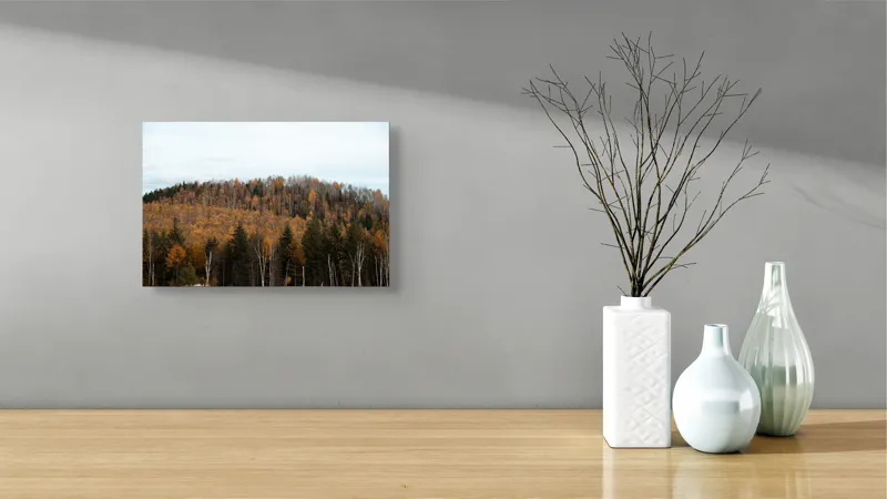 Tablou Canvas, "Pădurea toamnei în culori calde", Pădure, Toamnă, Culori, Copaci, Natură, Frunziș, Cer, Armonie, Peisaj, Tranquilitate, 39 x 26 cm – poza 8