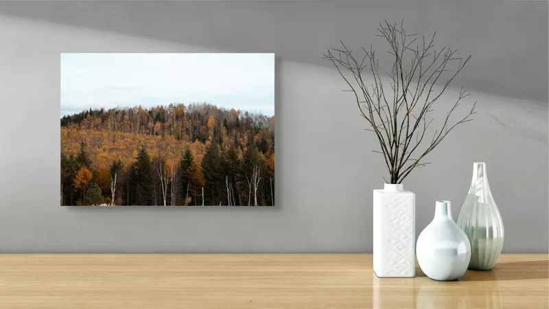 Tablou Canvas, "Pădurea toamnei în culori calde", Pădure, Toamnă, Culori, Copaci, Natură, Frunziș, Cer, Armonie, Peisaj, Tranquilitate, 54 x 39 cm – poza 3