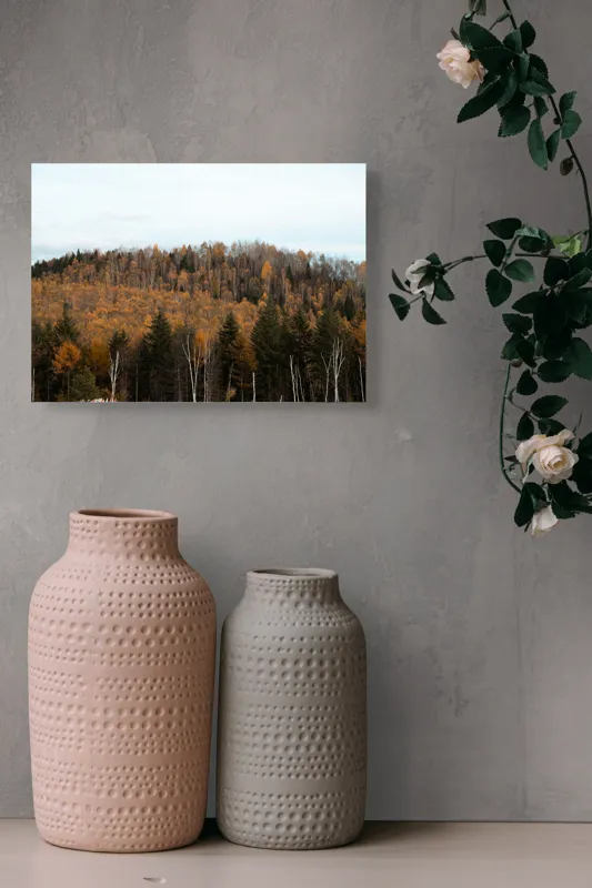 Tablou Canvas, "Pădurea toamnei în culori calde", Pădure, Toamnă, Culori, Copaci, Natură, Frunziș, Cer, Armonie, Peisaj, Tranquilitate, 54 x 39 cm – poza 8