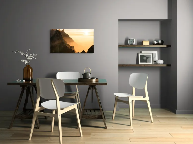 Tablou Canvas, "Lumina aurie peste crestele munților", Munte, Apus, Ceață, Lumină, Siluetă, 90 x 50 cm – poza 3