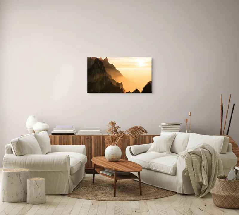 Tablou Canvas, "Lumina aurie peste crestele munților", Munte, Apus, Ceață, Lumină, Siluetă, 90 x 50 cm – poza 4