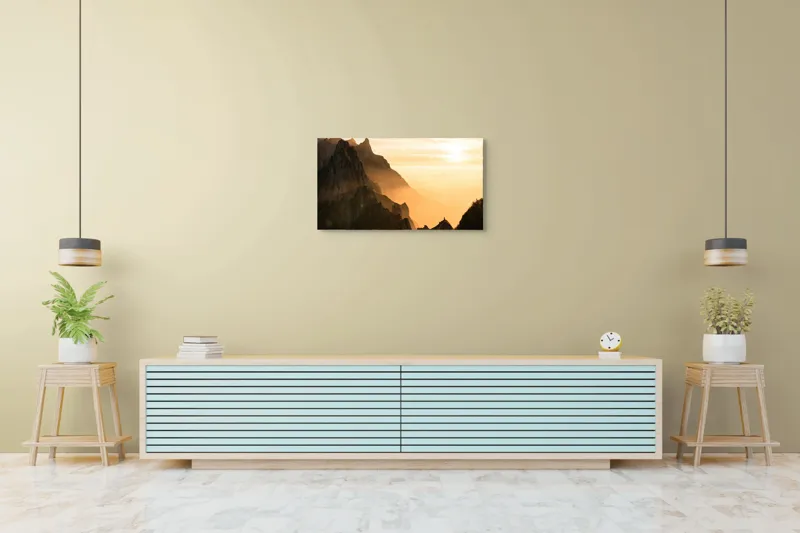 Tablou Canvas, "Lumina aurie peste crestele munților", Munte, Apus, Ceață, Lumină, Siluetă, 90 x 50 cm – poza 5