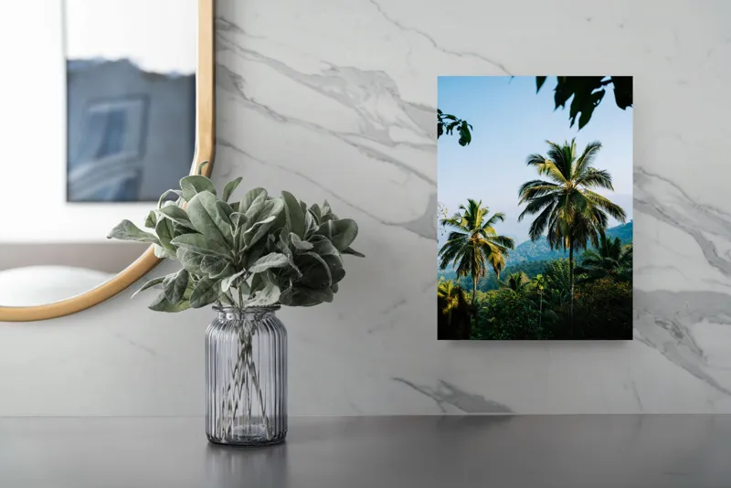 Tablou Canvas, "Palmieri sub cerul albastru tropical", Paliere, Palmieri, Peisaj, Pitoreasc, Plante, Priveliște, Paradis, Placiditate, Plinătate, Prospețime, 26 x 39 cm – poza 4