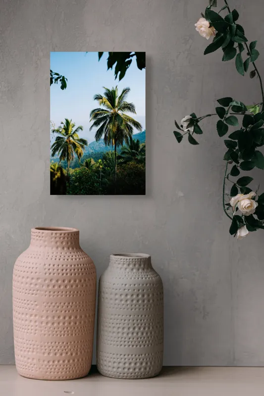 Tablou Canvas, "Palmieri sub cerul albastru tropical", Paliere, Palmieri, Peisaj, Pitoreasc, Plante, Priveliște, Paradis, Placiditate, Plinătate, Prospețime, 26 x 39 cm – poza 6