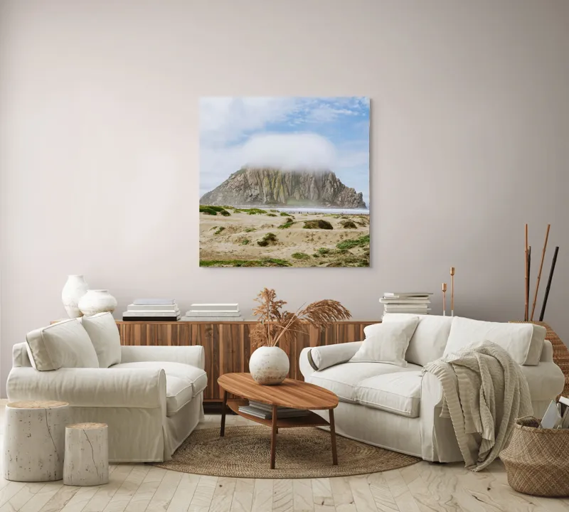 Tablou Canvas, "Nor ce acoperă stânca măreață", Nor, Stâncă, Plajă, Nisip, Cer, Apă, Vegetație, Orizont, Nori, Verde, 100 x 100 cm – poza 3
