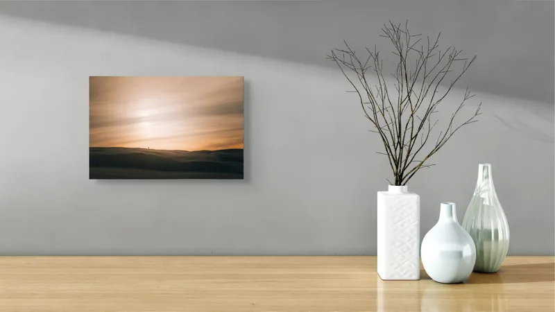 Tablou Canvas, "Infinitatea singuratică a deșertului soarelui", Nisip, Apus, Deșert, Liniște, Siluetă, Orizont, Vânt, Cer, Pustiu, Solitudine, 39 x 26 cm – poza 8