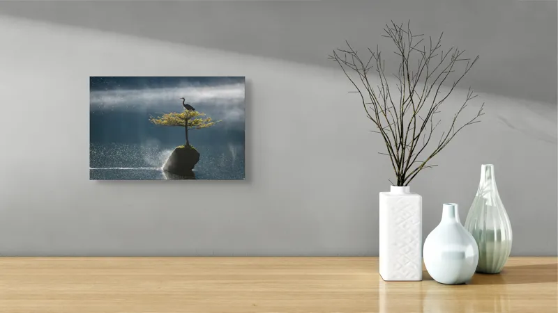 Tablou Canvas, "Egreta solitară pe insula plutitoare", Pasăre, Arbore, Râu, Lumină, Ceață, 39 x 26 cm – poza 8