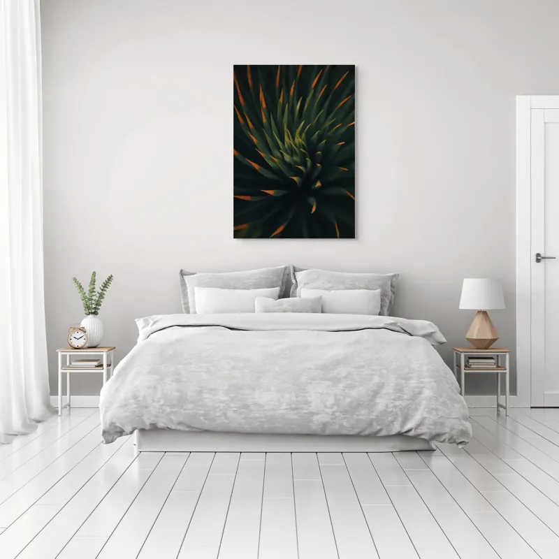 Tablou Canvas, "Frumusețea frunzelor de agavă în spirală", Frunze, Întunecat, Apus, Succulentă, Spirală, Ascuțite, Verde, Portocaliu, Contrast, Natură, Textură, 70 x 100 cm – poza 3