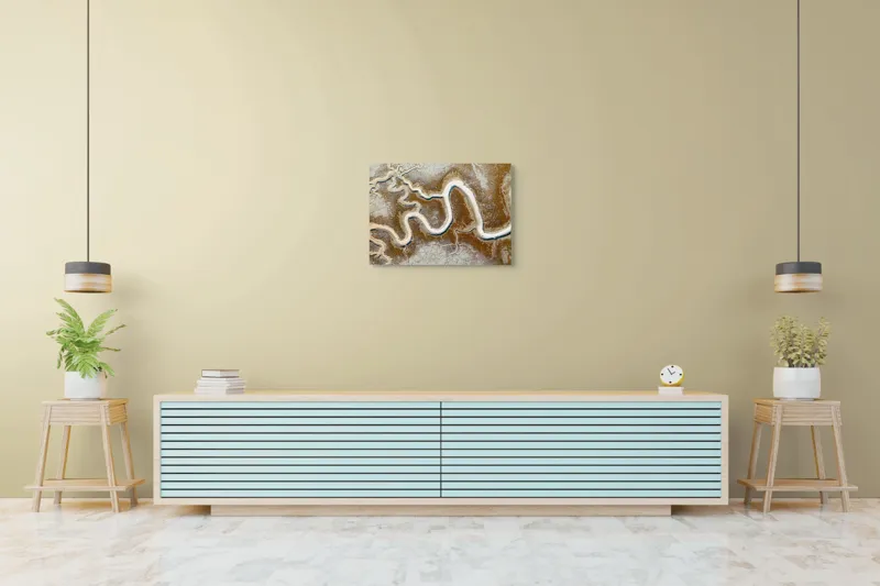 Tablou Canvas, "Cursul sinuos al naturii albe", Șerpuire, Texturi, Contrast, Natură, Abstracție, Erosion, Râu, Culoare, Peisaj, Aerian., 70 x 50 cm – poza 7