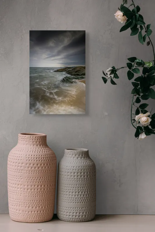 Tablou Canvas, "Furtună pe coasta stâncoasă a mării", Cer, Noros, Ocean, Valuri, Stânci, Apă, Plajă, Dramatic, Peisaj, Natură, 26 x 39 cm – poza 6