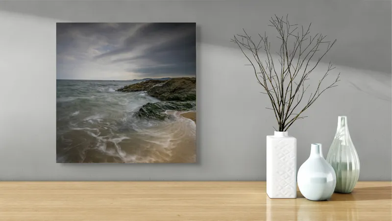 Tablou Canvas, "Furtună pe coasta stâncoasă a mării", Cer, Noros, Ocean, Valuri, Stânci, Apă, Plajă, Dramatic, Peisaj, Natură, 50 x 50 cm – poza 3