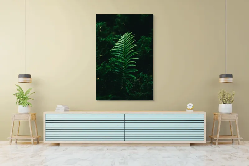 Tablou Canvas, "Frunză de ferigă în umbră verde", Frunză, Verde, Natură, Fern, Umbre, Vegetație, Întuneric, 100 x 150 cm – poza 4