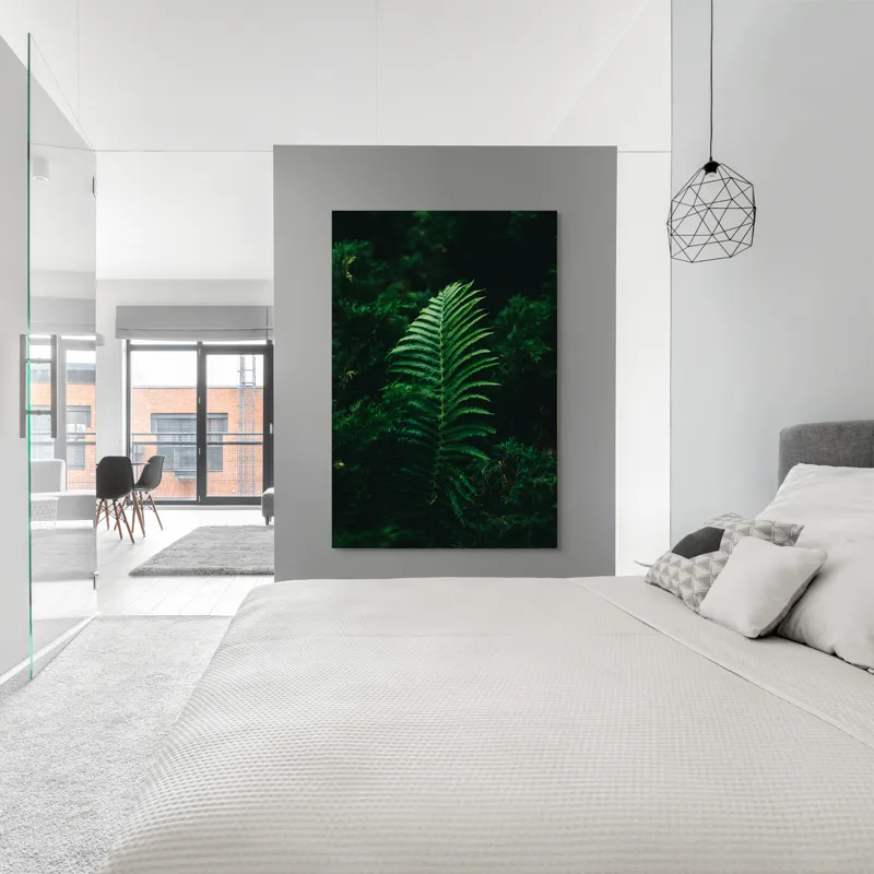 Tablou Canvas, "Frunză de ferigă în umbră verde", Frunză, Verde, Natură, Fern, Umbre, Vegetație, Întuneric, 100 x 150 cm – poza 5