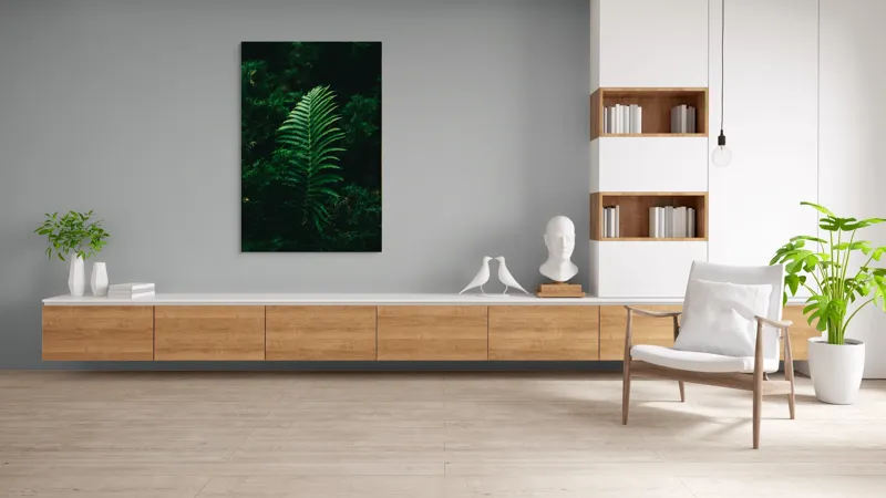 Tablou Canvas, "Frunză de ferigă în umbră verde", Frunză, Verde, Natură, Fern, Umbre, Vegetație, Întuneric, 100 x 150 cm – poza 8