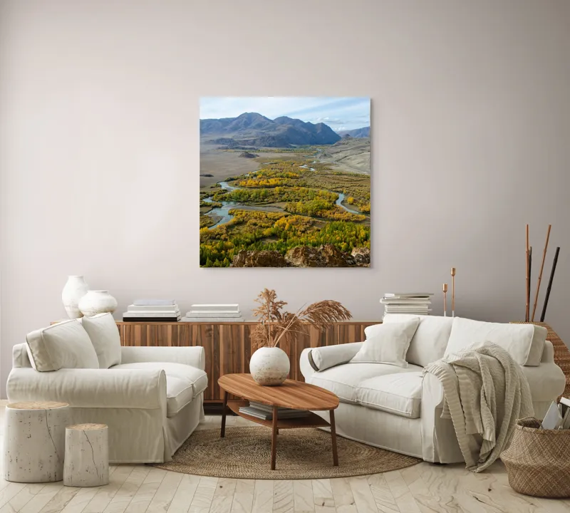 Tablou Canvas, "Râul serpuind prin munți toamna", Peisaj, Râu, Munte, Pădure, Toamnă, Cer, Vale, Natură, Vedere, Pitoresc, 100 x 100 cm – poza 3