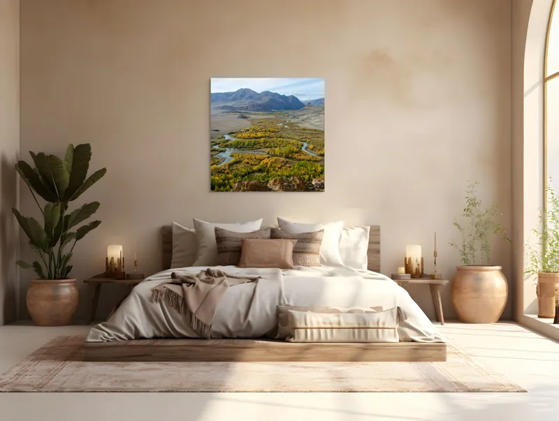 Tablou Canvas, "Râul serpuind prin munți toamna", Peisaj, Râu, Munte, Pădure, Toamnă, Cer, Vale, Natură, Vedere, Pitoresc, 100 x 100 cm – poza 4