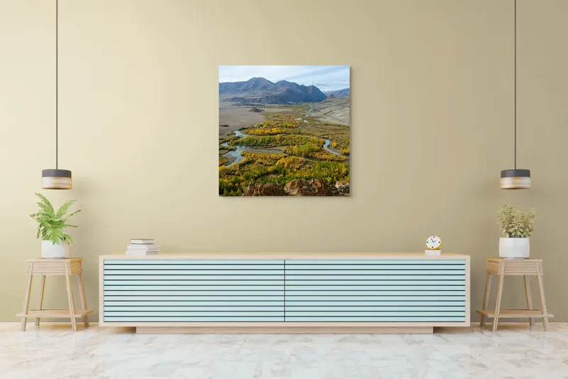 Tablou Canvas, "Râul serpuind prin munți toamna", Peisaj, Râu, Munte, Pădure, Toamnă, Cer, Vale, Natură, Vedere, Pitoresc, 100 x 100 cm – poza 5