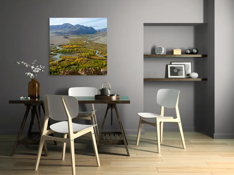 Tablou Canvas, "Râul serpuind prin munți toamna", Peisaj, Râu, Munte, Pădure, Toamnă, Cer, Vale, Natură, Vedere, Pitoresc, 100 x 100 cm – poza 6
