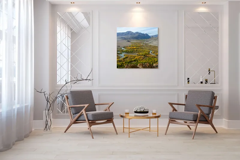 Tablou Canvas, "Râul serpuind prin munți toamna", Peisaj, Râu, Munte, Pădure, Toamnă, Cer, Vale, Natură, Vedere, Pitoresc, 100 x 100 cm – poza 7