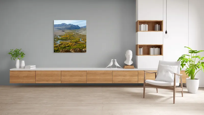 Tablou Canvas, "Râul serpuind prin munți toamna", Peisaj, Râu, Munte, Pădure, Toamnă, Cer, Vale, Natură, Vedere, Pitoresc, 100 x 100 cm – poza 8