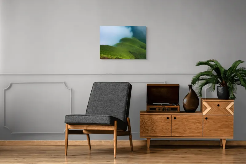 Tablou Canvas, "Întinderi verzi învăluite în ceață", Verdant, Coline, Ceață, Peisaj, Serpentine, Tranquil, Natură, Liniște, 70 x 50 cm – poza 4