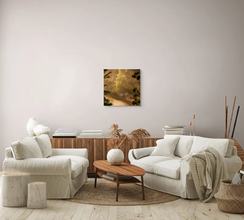 Tablou Canvas, "Pădurea învăluită în ceață aurie", Natură, Verdeață, Lumină, Ceață, Râu, Pădure, Reflexie, Tranquilitate, Peisaj, Seară, 50 x 50 cm – poza 7