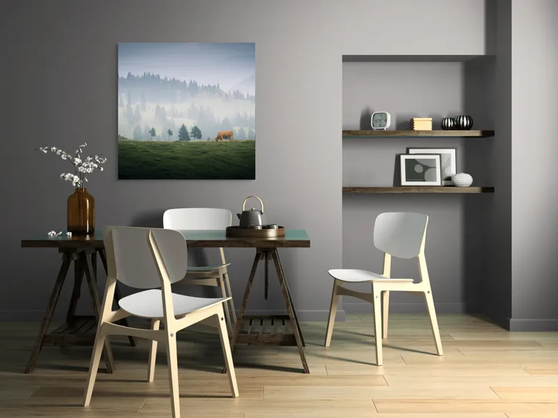 Tablou Canvas, "Văcuța solitară pe câmpul de munte", Nor, Vârfuri, Pini, Vaci, Iarbă, Lumină, Ceață, Peisaj, Tranquilitatea, Natură, 100 x 100 cm – poza 6